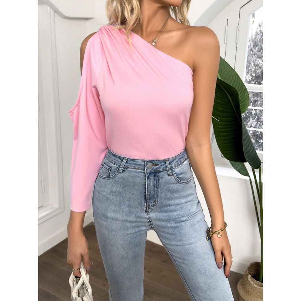 Women's Asymmetric One-Shoulder Top - Single Long Sleeve, Soft Fabric